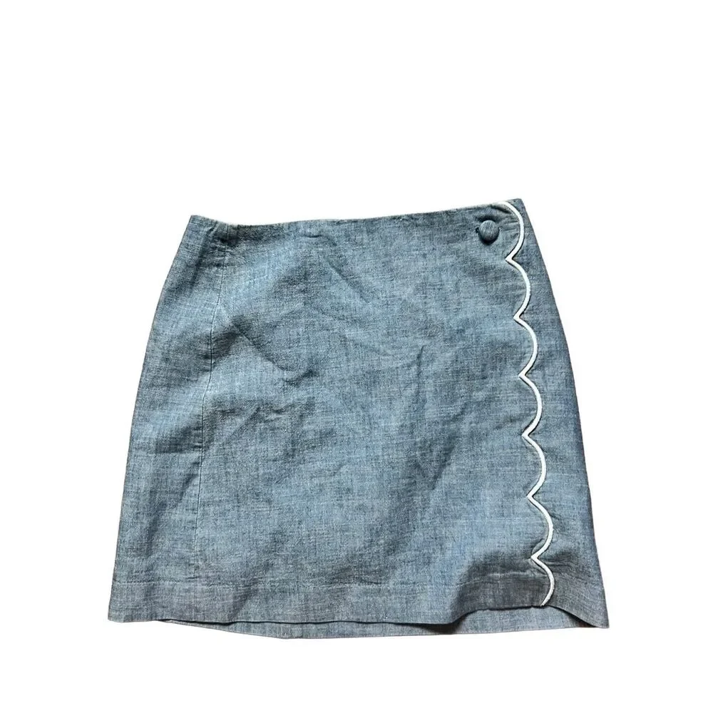 J crew 100% cotton mini skirt grey scalloped hem size 4 chambray whimsical